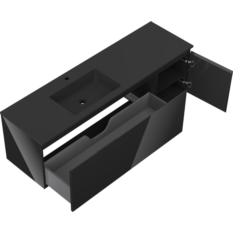 Mexen Orio mueble de baño 160 cm con lavabo Otis izquierdo, 1S, 1D, negro brillo/negro mate - 91A13-16047-3-BBFF70-W18L71