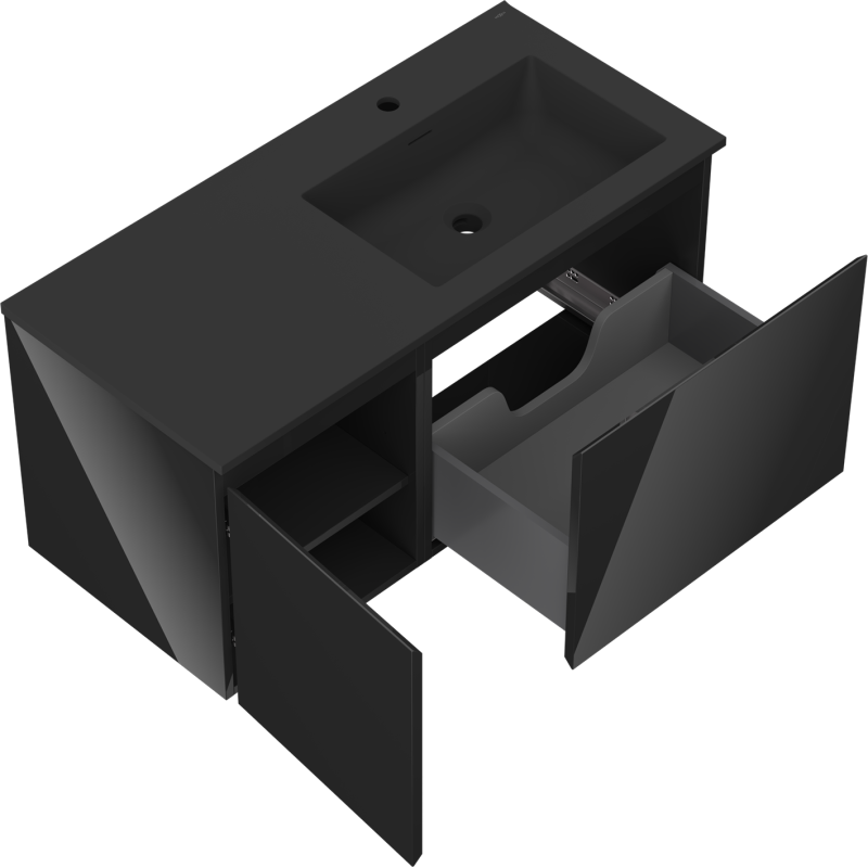 Mexen Orio armario de baño de 100 cm con lavabo Otis derecha, 1S, 1D, negro brillo/negro mate - 91A13-10047-3-BBFF70-W18P71