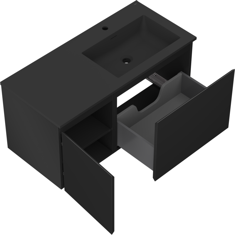 Mexen Orio armario de baño de 100 cm con lavabo Otis derecho, 1S, 1D, negro mate - 91A13-10047-3-BBFF71-W18P71