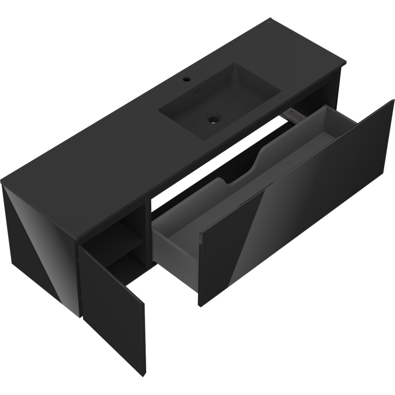 Mexen Orio armario de baño 160 cm con lavabo Otis derecho, 1S, 1D, negro brillo/negro mate - 91A13-16047-3-BBFF70-W18P71