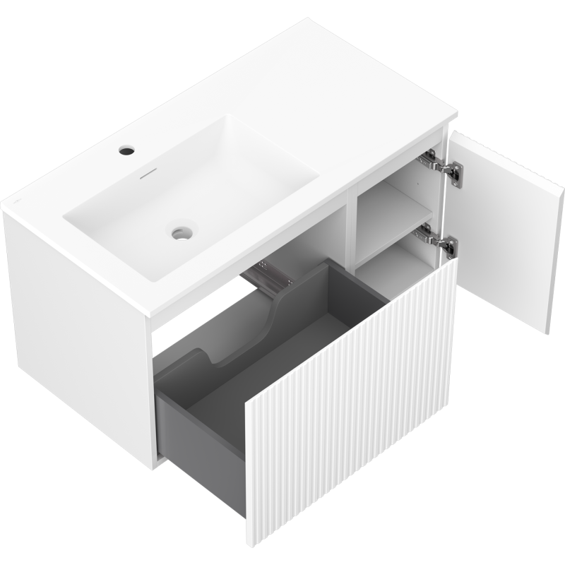 Mexen Rivel armario de baño de 90 cm con lavabo Otis izquierdo, 1S, 1D, estriado, blanco mate - 91A23-09047-3-BBFF01-W18L01