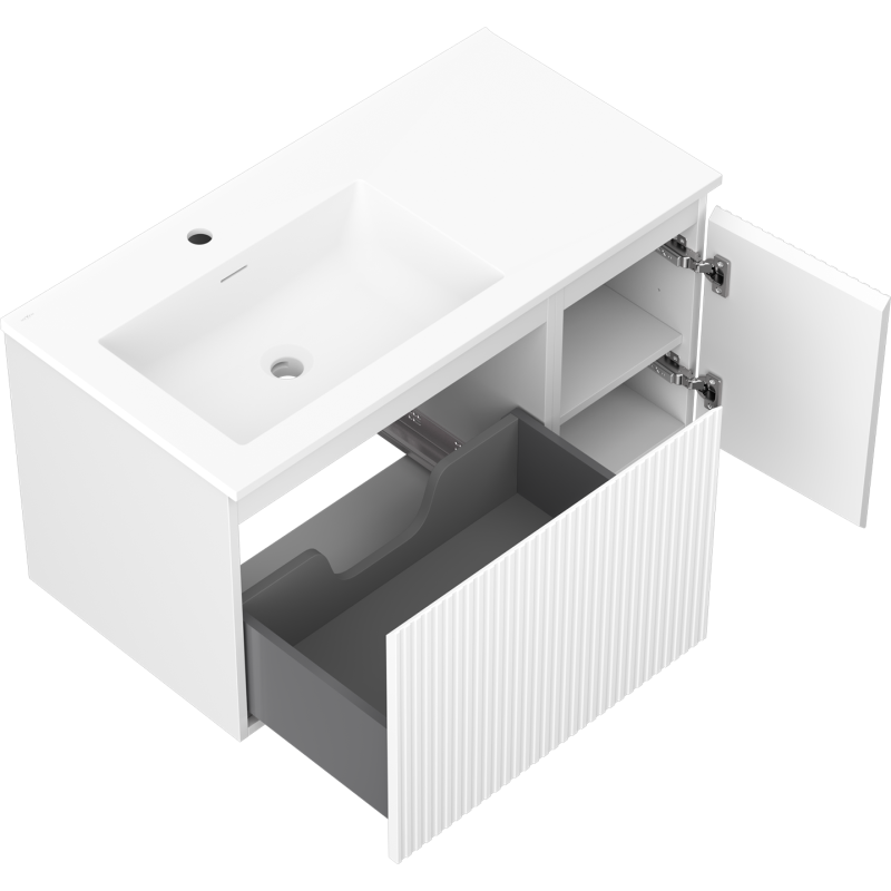 Mexen Rivel mobiletto da bagno 90 cm con lavabo Otis a sinistra, 1S, 1D, scanalato, bianco opaco - 91A23-09047-3-BBFF01-W18L01
