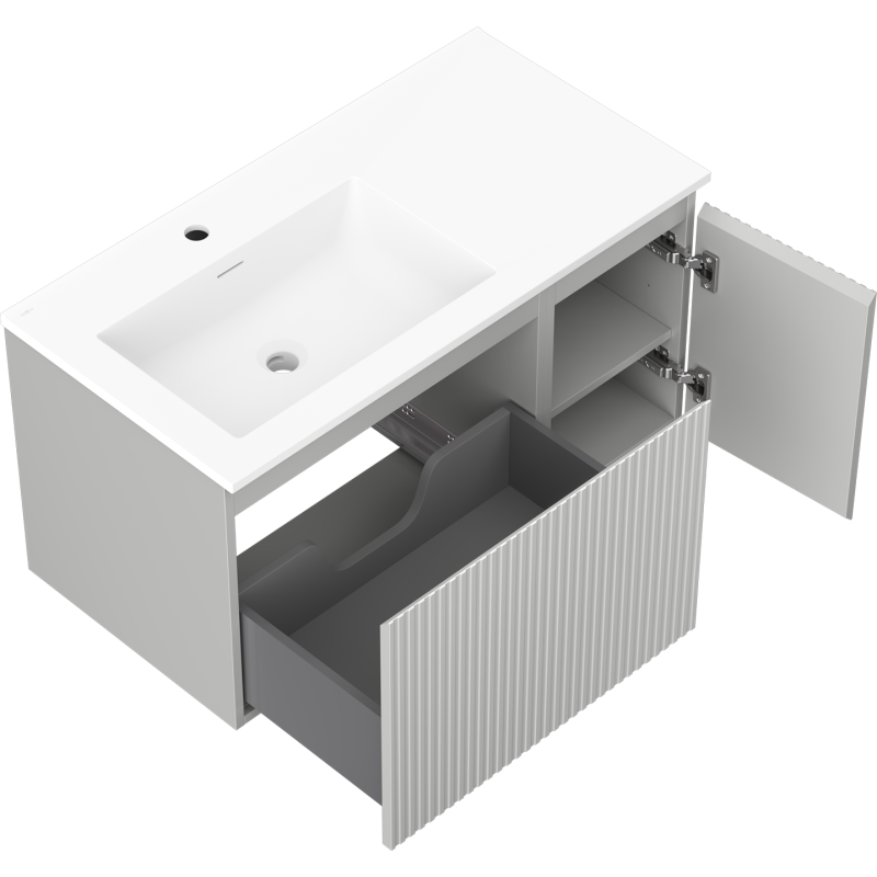 Mexen Rivel armoire de salle de bain 90 cm avec lavabo Otis gauche, 1S, 1D, cannelée, gris mat/blanc mat