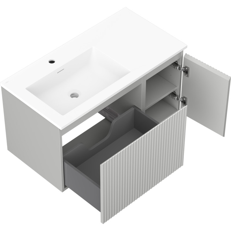 Mexen Rivel badkamerkast 90 cm met wastafel Otis links, 1S, 1D, geribbeld, grijs mat/wit mat - 91A23-09047-3-BBFF62-W18L01