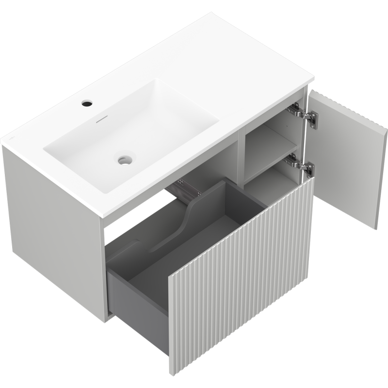 Mexen Rivel badkamerkastje 90 cm met wastafel Otis links, 1S, 1D, geribbeld, grijs mat/wit mat - 91A23-09047-3-BBFF62-W18L01