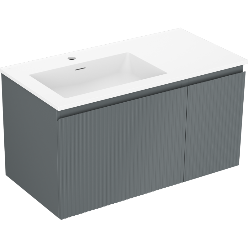 Mexen Rivel bathroom cabinet 90 cm with Otis left basin, 1S, 1D, fluted, graphite matte/white matte
