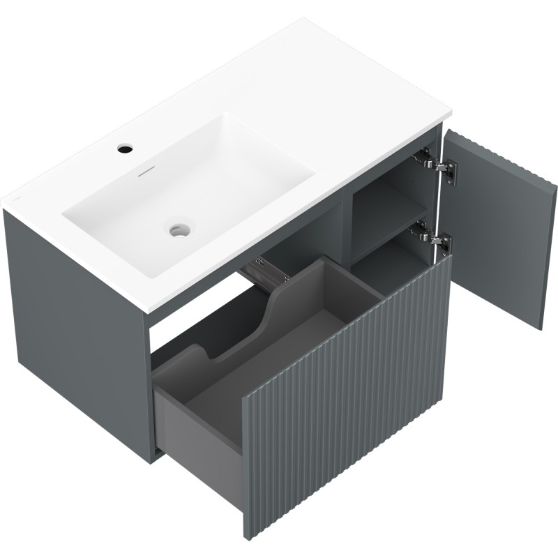 Mexen Rivel badkamerkast 90 cm met wastafel Otis links, 1S, 1D, gegroefd, grafiet mat/wit mat - 91A23-09047-3-BBFF66-W18L01