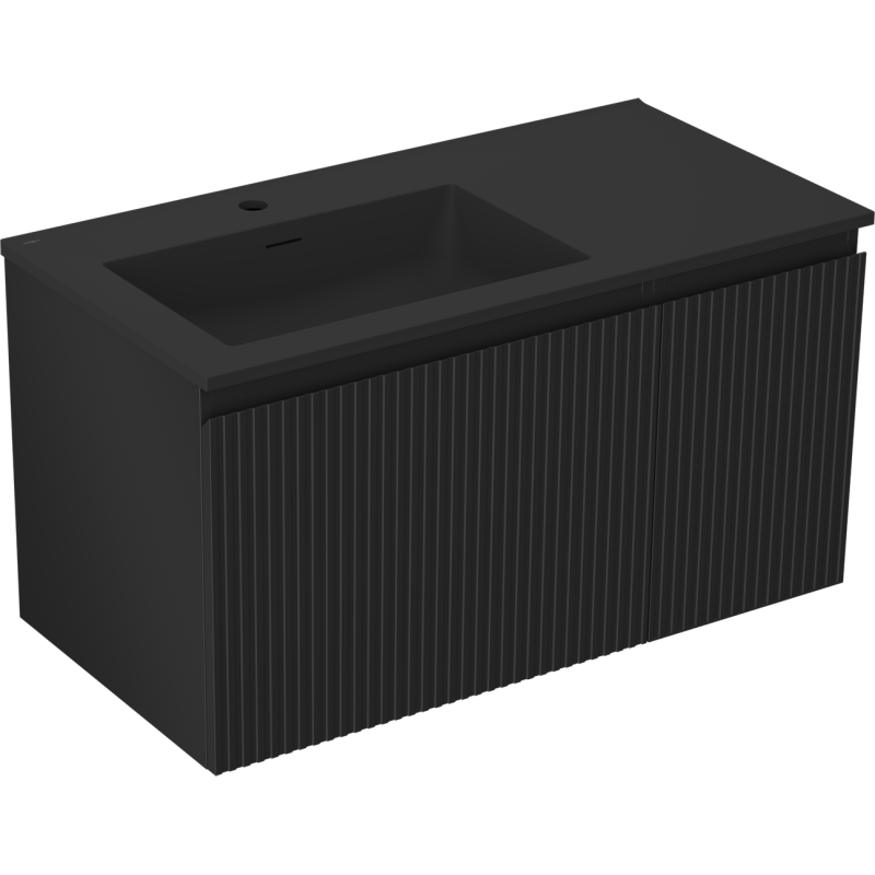 Mexen Rivel armadietto da bagno 90 cm con lavabo Otis sinistro, 1S, 1D, scanalato, nero opaco - 91A23-09047-3-BBFF71-W18L71