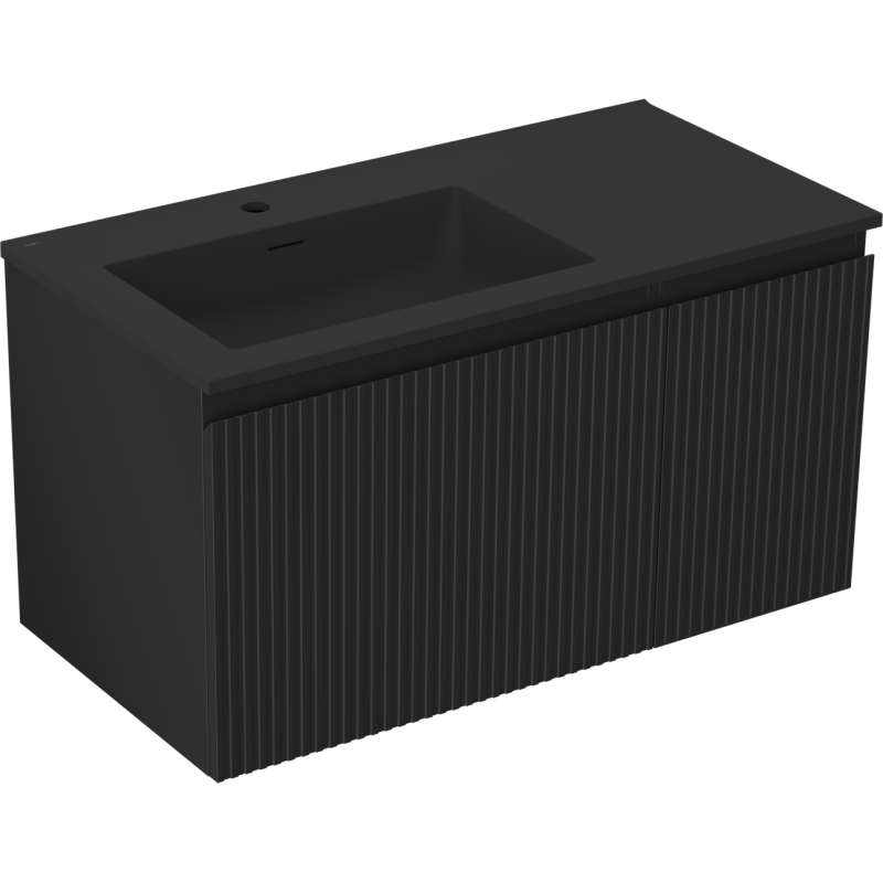 Mexen Rivel bathroom cabinet 90 cm with left Otis sink, 1S, 1D, grooved, black matte - 91A23-09047-3-BBFF71-W18L71