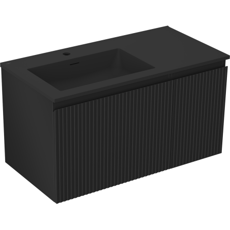 Mexen Rivel 90 cm Bathroom Cabinet with Left Otis Sink, 1 Drawer, 1 Door, Fluted, Black Matte - 91A23-09047-3-BBFF71-W18L71