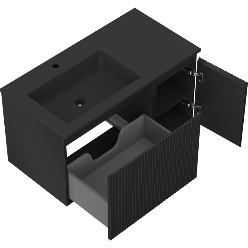 Mexen Rivel armadietto da bagno 90 cm con lavabo Otis sinistro, 1S, 1D, scanalato, nero opaco - 91A23-09047-3-BBFF71-W18L71