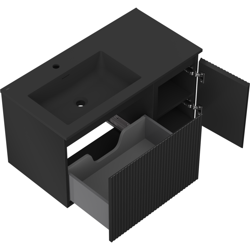 Mexen Rivel armario de baño de 90 cm con lavabo Otis izquierdo, 1S, 1D, ranurado, negro mate - 91A23-09047-3-BBFF71-W18L71