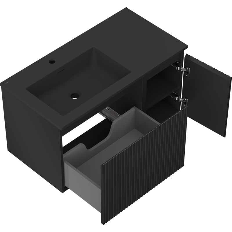 Mexen Rivel armoire de salle de bains 90 cm avec lavabo Otis à gauche, 1S, 1D, rainurée, noir mat - 91A23-09047-3-BBFF71-W18L71
