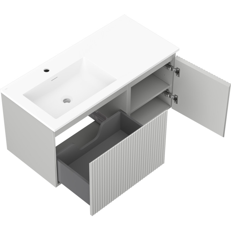 Mexen Rivel badkamerkast 100 cm met wastafel Otis links, 1S, 1D, gegroefd, grijs mat/wit mat - 91A23-10047-3-BBFF62-W18L01