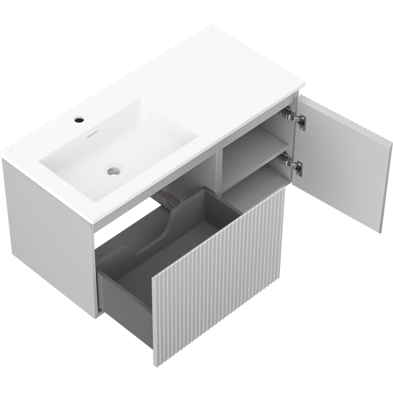 Mexen Rivel Bathroom Cabinet 100 cm with Otis Left Sink, 1S, 1D, Grooved, Gray Matte/White Matte - 91A23-10047-3-BBFF62-W18L01