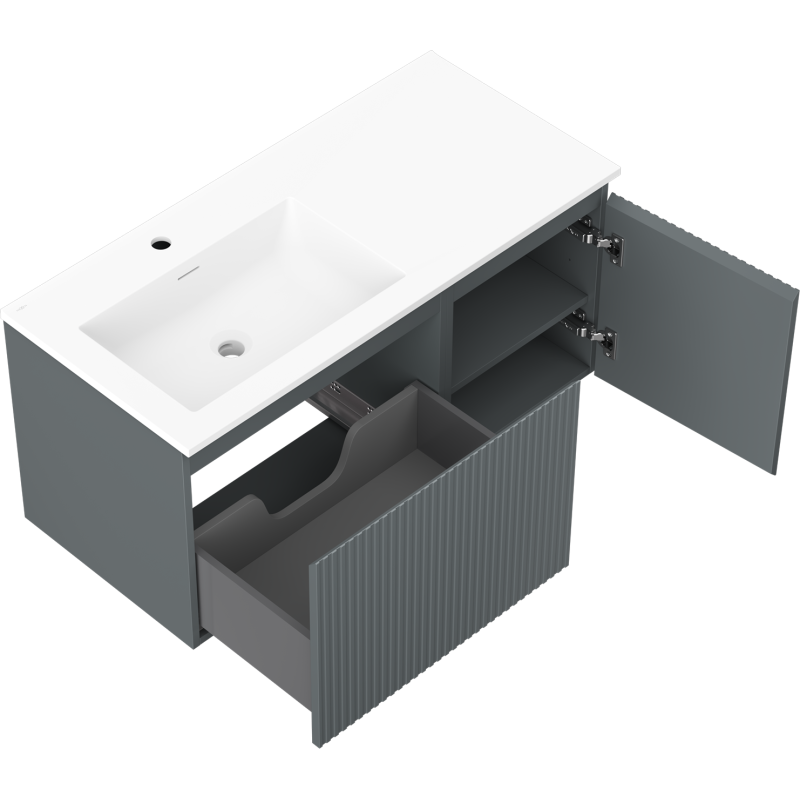 Mexen Rivel meuble de salle de bain 100 cm avec lavabo Otis gauche, 1T, 1P, rainuré, graphite mat/blanc mat