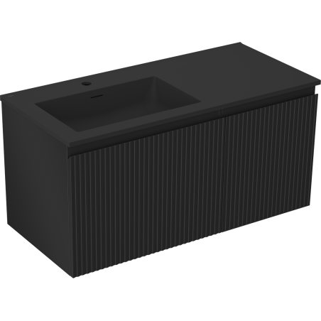 Mexen Rivel 100 cm bathroom cabinet with Otis left sink, 1S, 1D, grooved, black matte - 91A23-10047-3-BBFF71-W18L71