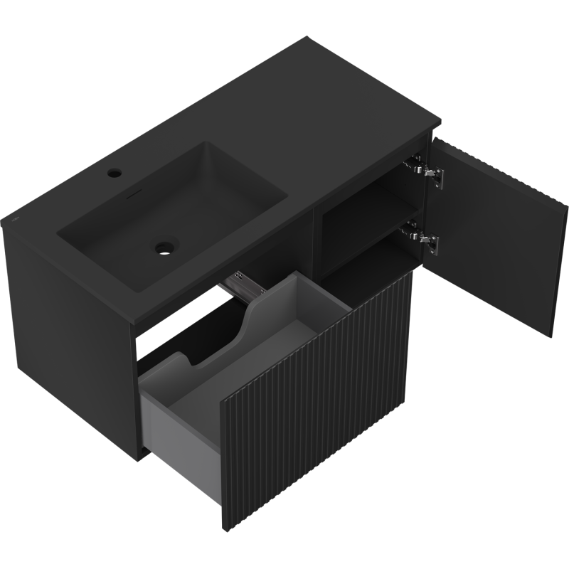 Mexen Rivel armadietto da bagno 100 cm con lavabo Otis sinistro, 1S, 1D, scanalato, nero opaco - 91A23-10047-3-BBFF71-W18L71