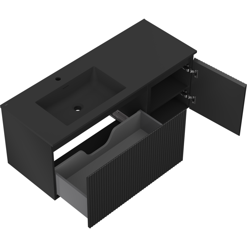 Mexen Rivel Badezimmer-Schrank 120 cm mit Otis Waschbecken links, 1S, 1D, geriffelt, schwarz matt - 91A23-12047-3-BBFF71-W18L71