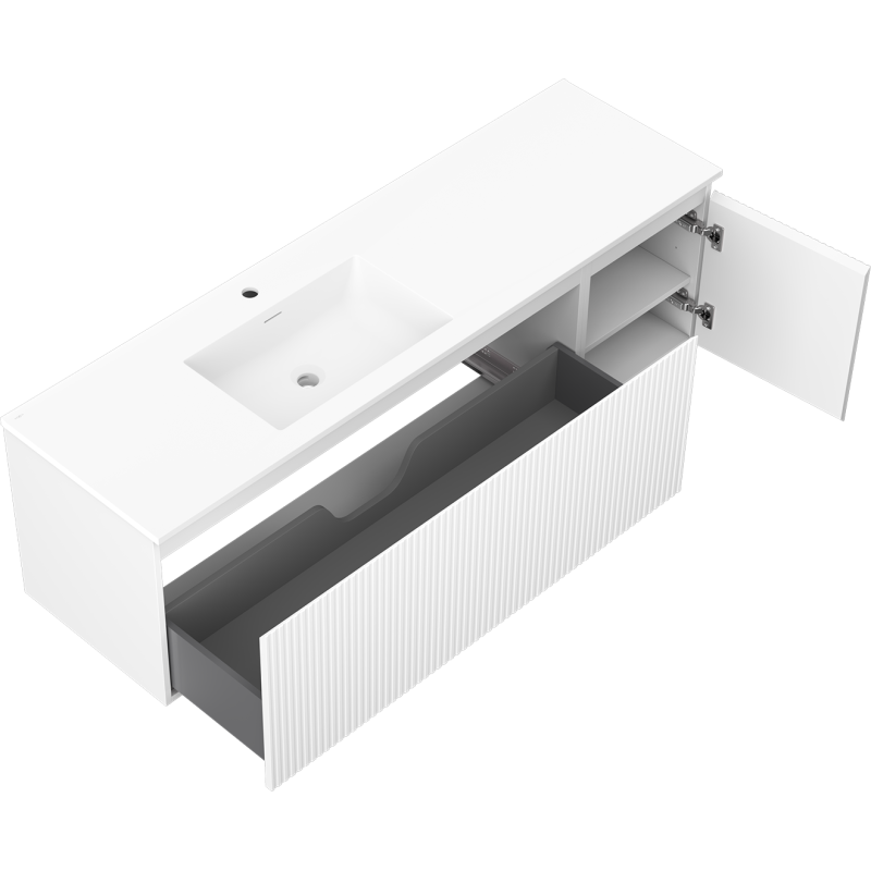 Mexen Rivel armario de baño de 160 cm con lavabo Otis izquierdo, 1S, 1D, acanalado, blanco mate - 91A23-16047-3-BBFF01-W18L01