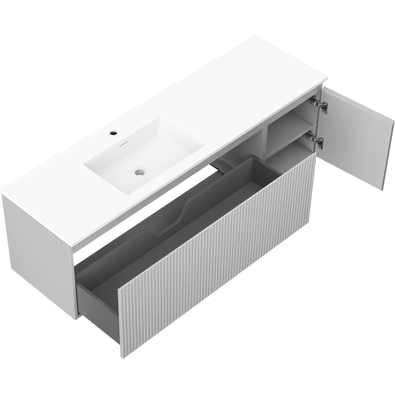 Mexen Rivel 160 cm kylpyhuonekaappi vasemmalla pesualtaalla Otis, 1S, 1D, uritettu, harmaa matta/valkoinen matta