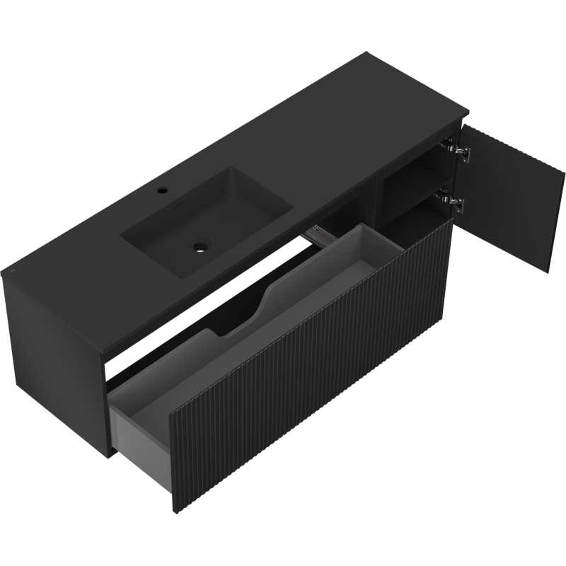 Mexen Rivel gabinete de baño de 160 cm con lavabo Otis izquierdo, 1S, 1D, ranurado, negro mate - 91A23-16047-3-BBFF71-W18L71