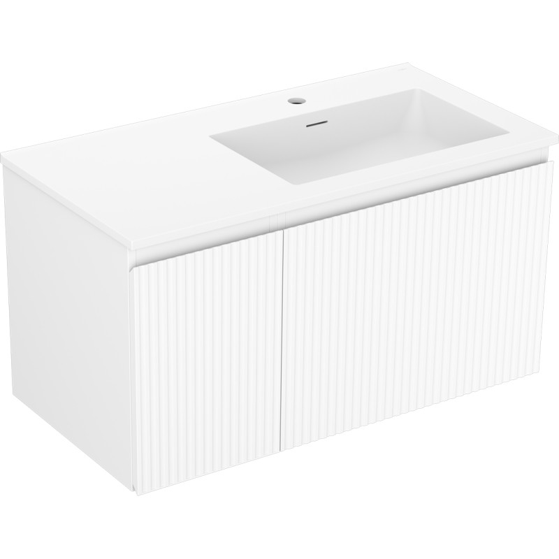 Mexen Rivel Badezimmerschrank 90 cm mit Waschbecken Otis rechts, 1S, 1D, geriffelt, weiß matt - 91A23-09047-3-BBFF01-W18P01