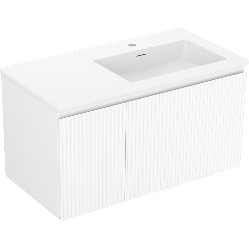 Mexen Rivel bathroom cabinet 90 cm with Otis right washbasin, 1S, 1D, fluted, matte white - 91A23-09047-3-BBFF01-W18P01