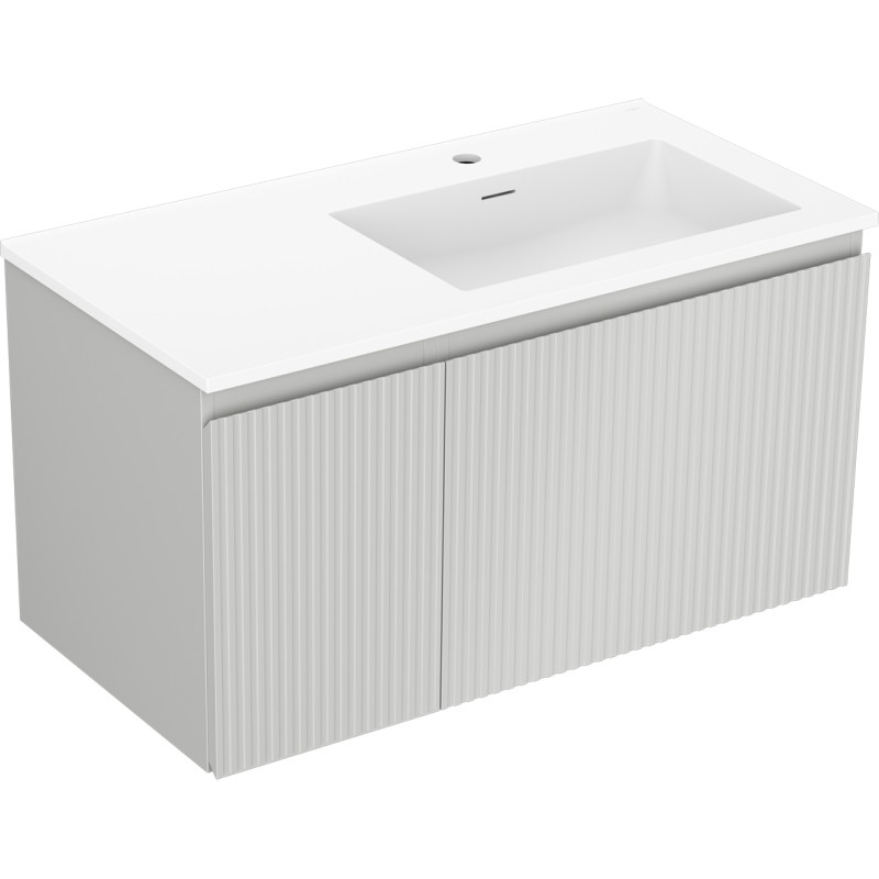 Mexen Rivel Badezimmerschrank 90 cm mit Waschbecken Otis rechts, 1S, 1D, geriffelt, grau matt/weiß matt