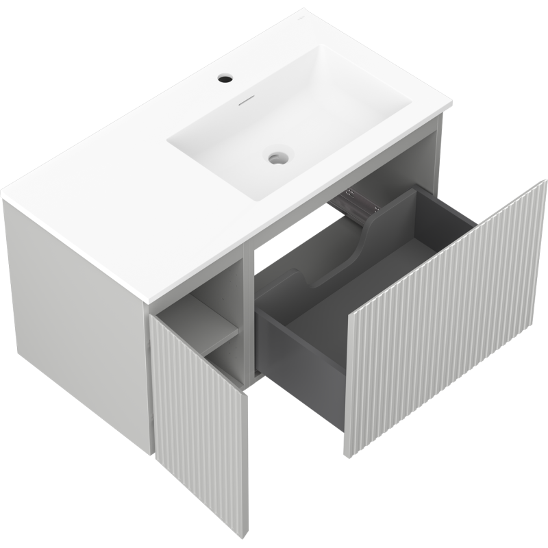 Mexen Rivel armoire de salle de bain 90 cm avec lavabo Otis à droite, 1S, 1D, rainurée, gris mat/blanc mat