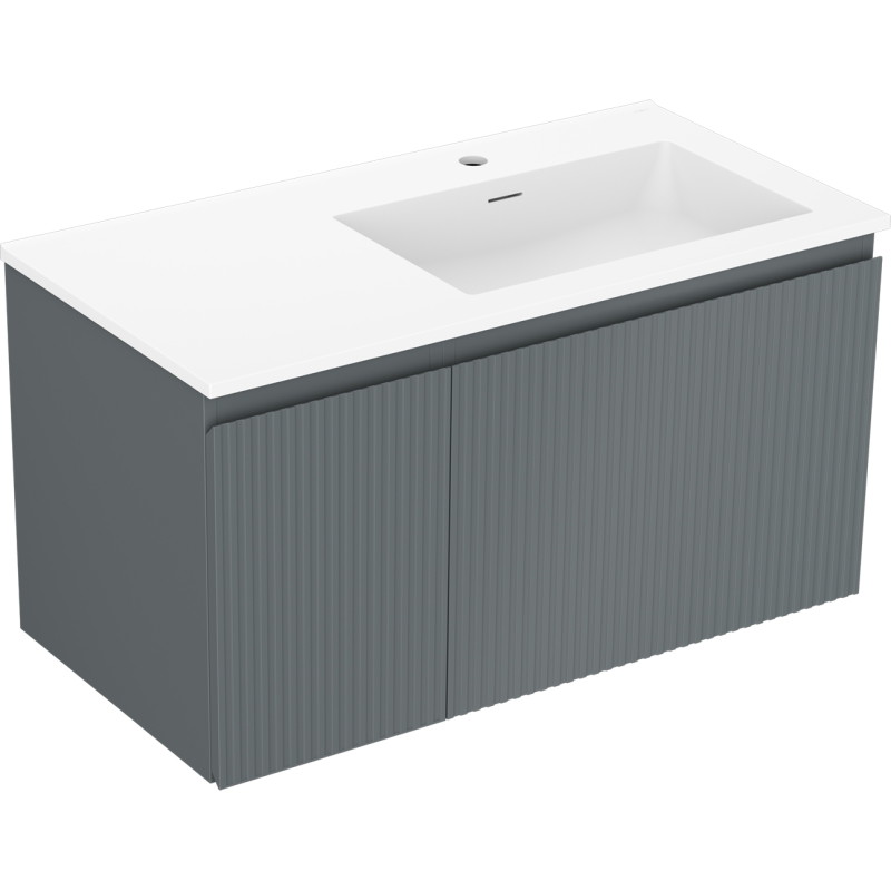 Mexen Rivel 90 cm badkamerkastje met rechter Otis-wastafel, 1S, 1D, geribbeld, grafiet mat/wit mat - 91A23-09047-3-BBFF66-W18P01