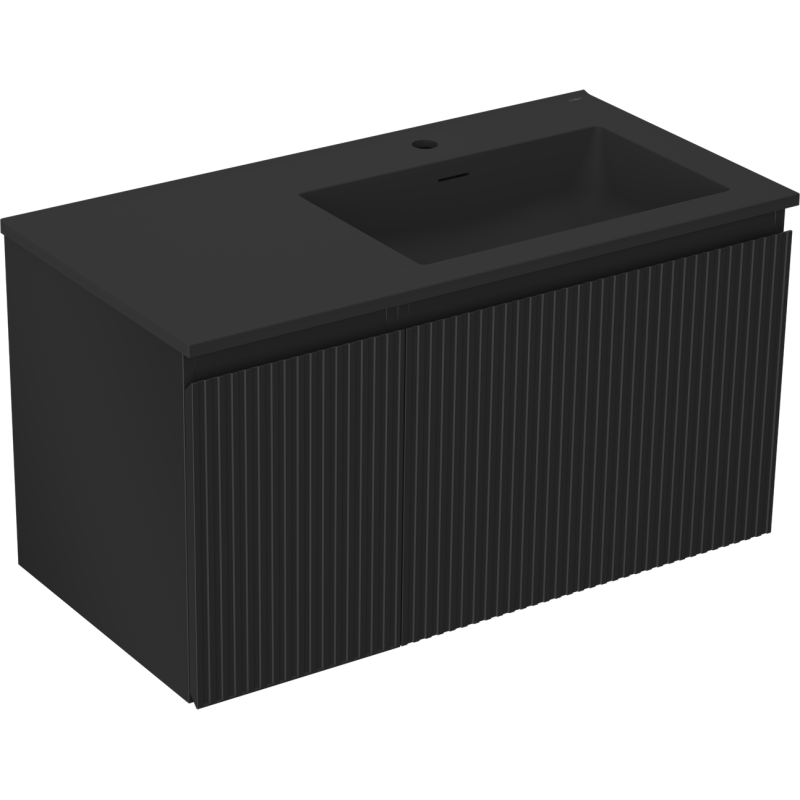 Mexen Rivel Badezimmerschrank 90 cm mit Waschbecken Otis rechts, 1S, 1D, geriffelt, schwarz matt - 91A23-09047-3-BBFF71-W18P71
