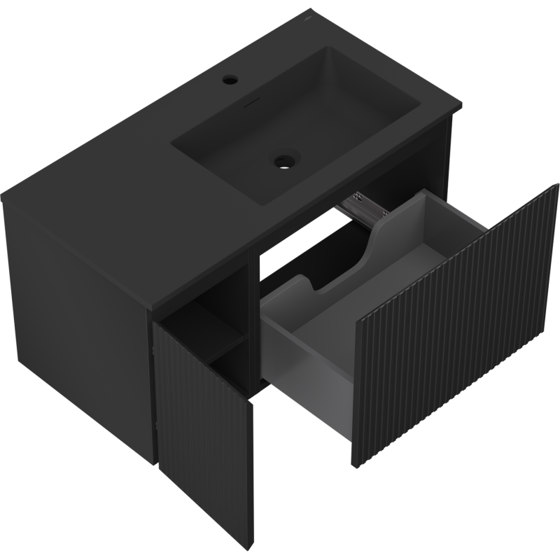 Mexen Rivel mobile da bagno 90 cm con lavabo Otis destro, 1S, 1D, scanalato, nero opaco - 91A23-09047-3-BBFF71-W18P71