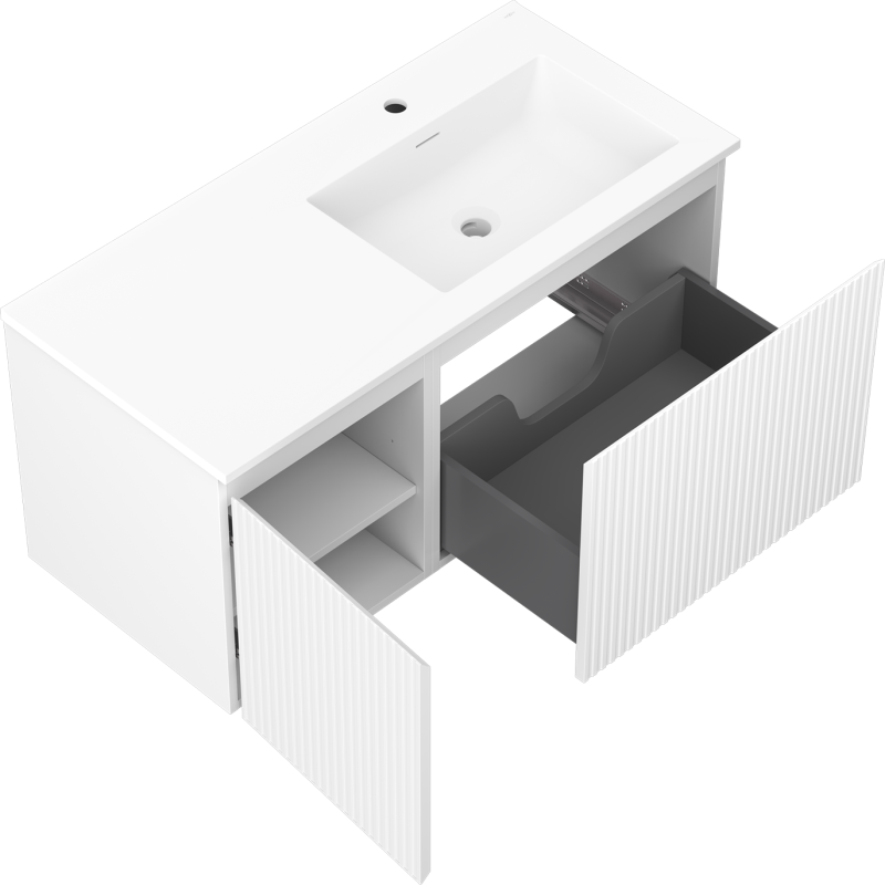 Mexen Rivel armadietto da bagno 100 cm con lavabo Otis destro, 1S, 1D, scanalato, bianco opaco - 91A23-10047-3-BBFF01-W18P01