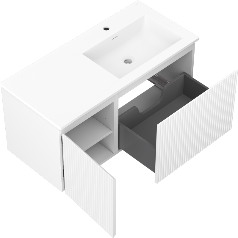 Mexen Rivel mueble de baño 100 cm con lavabo Otis derecho, 1S, 1D, estriado, blanco mate - 91A23-10047-3-BBFF01-W18P01