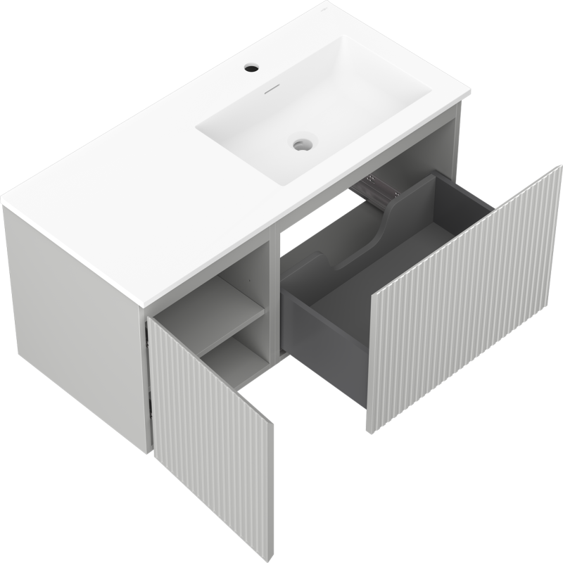 Mexen Rivel armario de baño de 100 cm con lavabo Otis derecho, 1 cajón, 1 puerta, estriado, gris mate/blanco mate