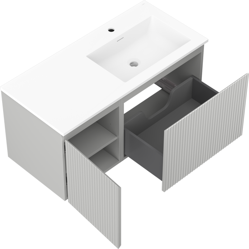 Mexen Rivel bathroom cabinet 100 cm with Otis sink right, 1S, 1D, grooved, gray matte/white matte - 91A23-10047-3-BBFF62-W18P01