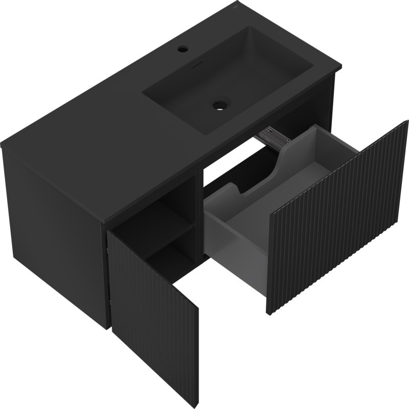 Mexen Rivel Badezimmerschrank 100 cm mit Waschbecken Otis rechts, 1S, 1D, geriffelt, schwarz matt - 91A23-10047-3-BBFF71-W18P71