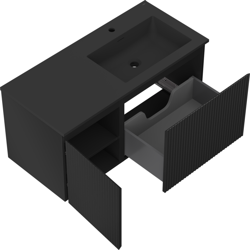 Mexen Rivel meuble de salle de bain 100 cm avec lavabo Otis à droite, 1T, 1P, rainuré, noir mat - 91A23-10047-3-BBFF71-W18P71