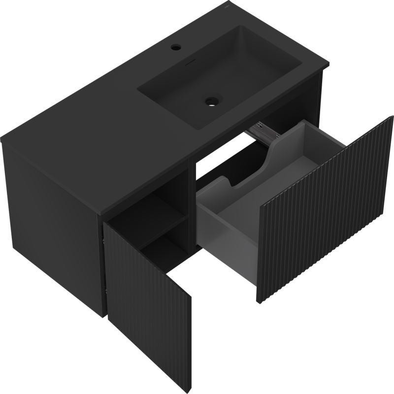 Mexen Rivel mobile bagno 100 cm con lavabo Otis destro, 1S, 1D, scanalato, nero opaco - 91A23-10047-3-BBFF71-W18P71