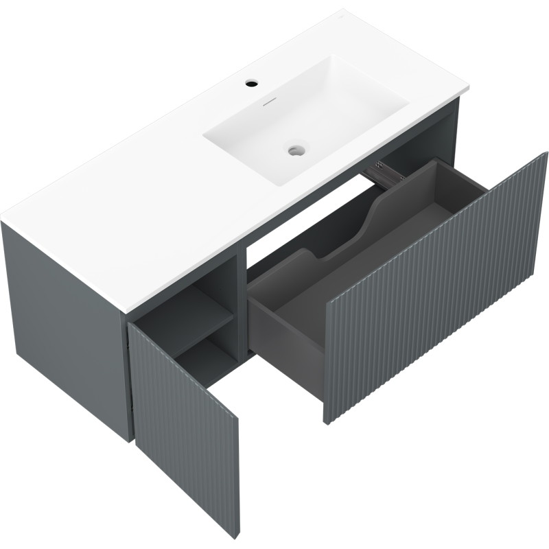 Mexen Rivel armario de baño de 120 cm con lavabo Otis derecho, 1 cajón, 1 puerta, acanalado, grafito/blanco mate