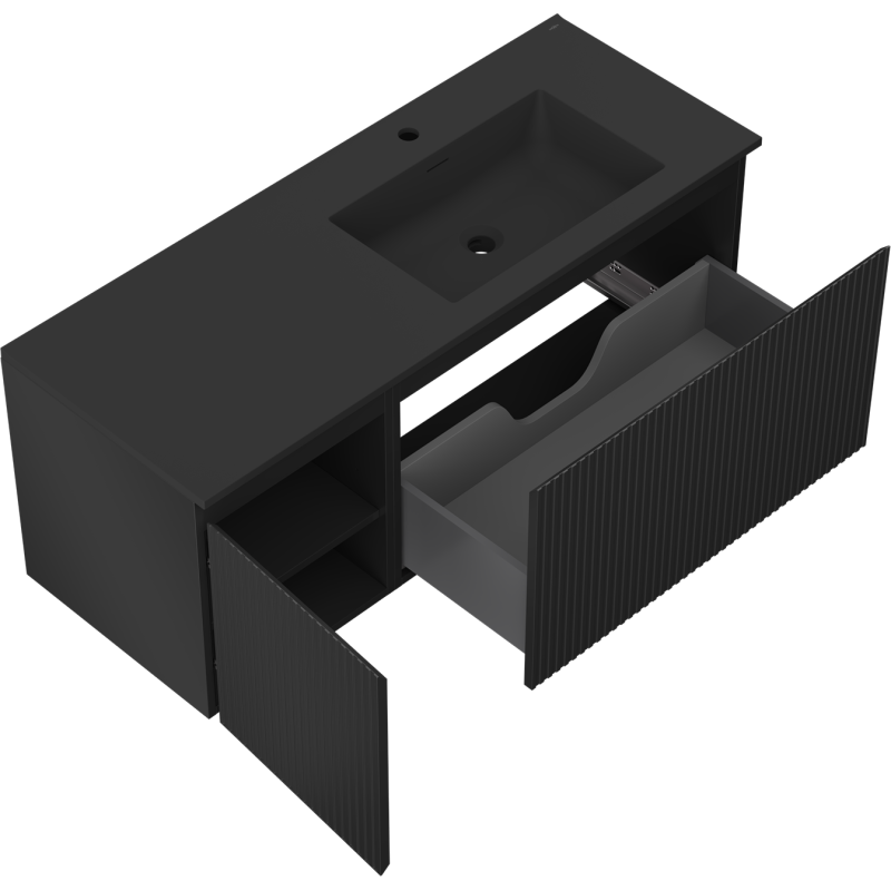 Mexen Rivel meuble de salle de bain 120 cm avec lavabo Otis à droite, 1S, 1D, rainuré, noir mat - 91A23-12047-3-BBFF71-W18P71