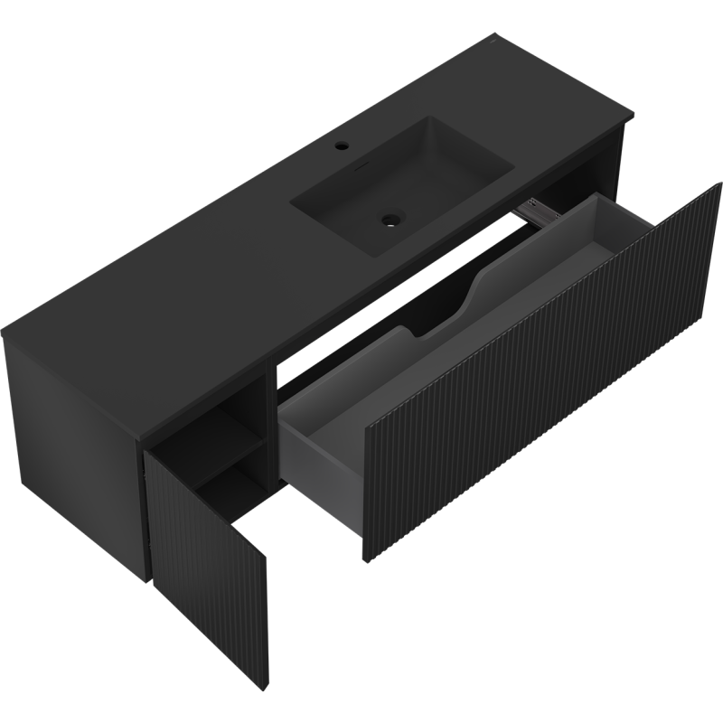 Mexen Rivel armario de baño de 160 cm con lavabo Otis derecho, 1S, 1D, acanalado, negro mate - 91A23-16047-3-BBFF71-W18P71