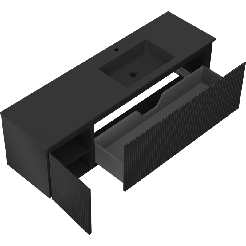 Mexen Rivel meuble de salle de bains 160 cm avec lavabo Otis à droite, 1S, 1D, rainuré, noir mat - 91A23-16047-3-BBFF71-W18P71