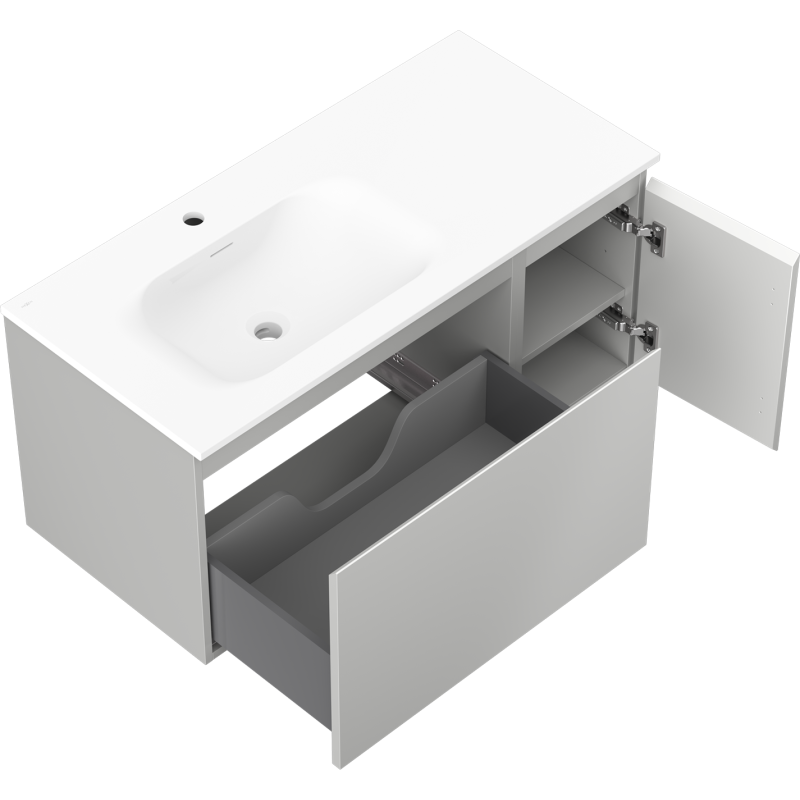 Mexen Orio 90 cm kylpyhuoneen kaappi vasemmalla Vela-pesualtaalla, 1S, 1D, harmaa matta/valkoinen matta