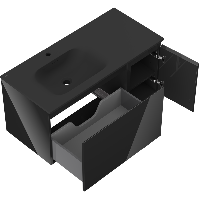 Mexen Orio mueble de baño de 90 cm con lavabo Vela izquierdo, 1S, 1D, negro brillo/negro mate - 91A13-09047-3-BBFF70-W23L71