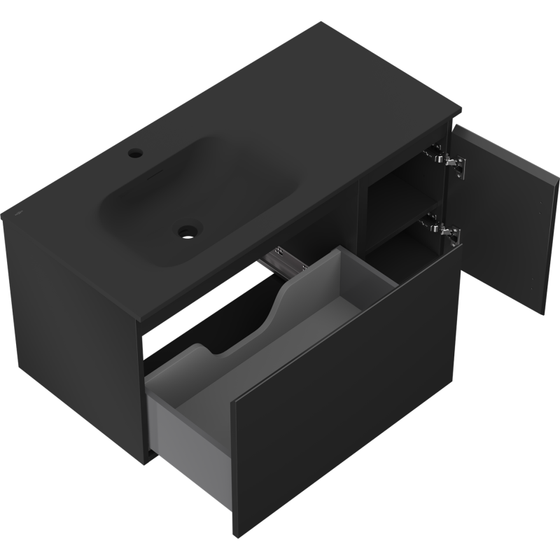 Mexen Orio Badezimmerschrank 90 cm mit Waschbecken Vela links, 1S, 1D, schwarz matt - 91A13-09047-3-BBFF71-W23L71