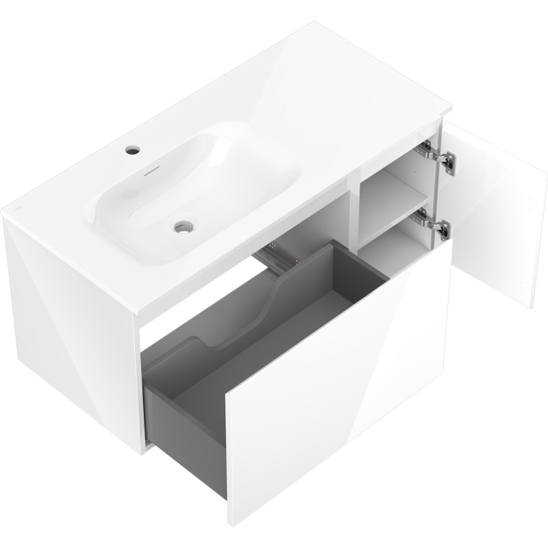 Mexen Orio Badezimmerschrank 100 cm mit Waschbecken Vela links, 1S, 1D, weiß glänzend - 91A13-10047-3-BBFF00-W23L00
