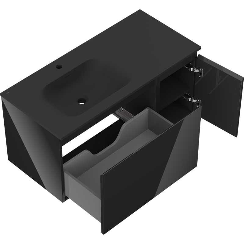 Mexen Orio meuble de salle de bain 100 cm avec lavabo Vela gauche, 1S, 1D, noir brillant/noir mat - 91A13-10047-3-BBFF70-W23L71