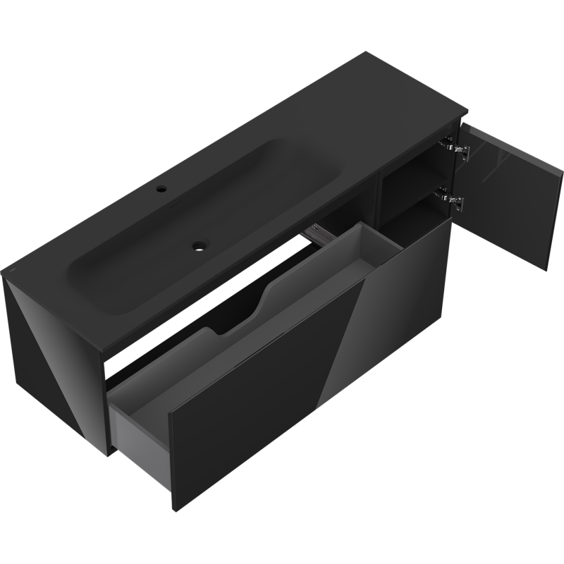 Mexen Orio armario de baño 160 cm con lavabo Vela izquierdo, 1S, 1D, negro brillo/negro mate - 91A13-16047-3-BBFF70-W23L71